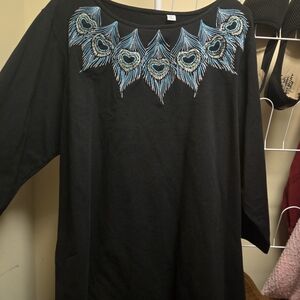 Black Top with Blue Embroidered Design